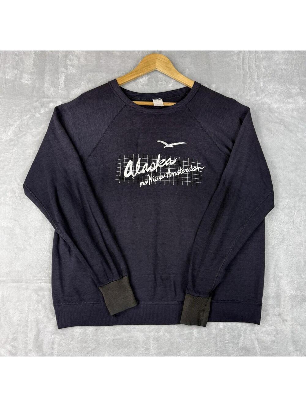 Vintage Alaska Crewneck Raglan Sweatshirt USA Made Black Graphic Size L 1970s